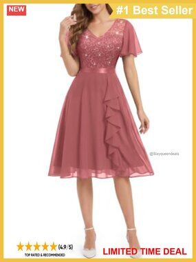 V-Neck Sequin Lace Flutter Sleeve Ruffle Midi Cocktail Dress